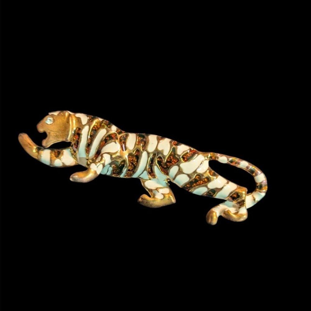 Gold Tone Enamel Tiger Brooch Pin With Rhinestone Eye Striped Design 3" Elegant
